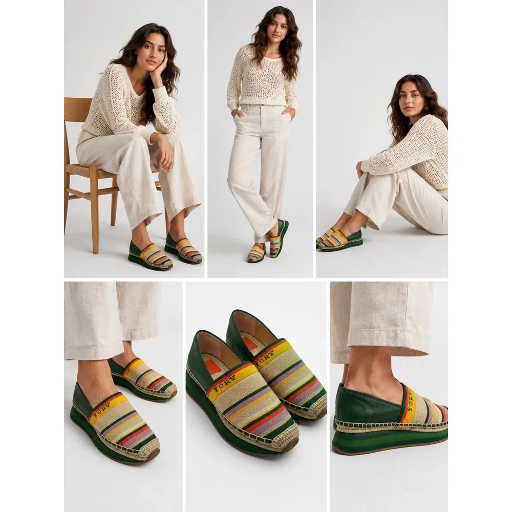 Tory Burch Multi-Color Striped Knit Platform Espadrille Shoes Green Womens‎ 6.5